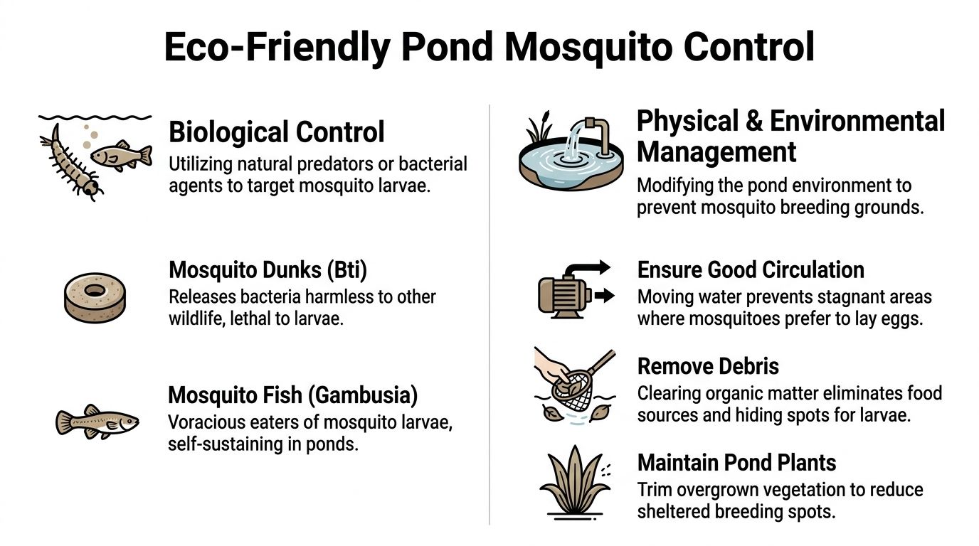 An infographic showing natural and eco-friendly methods for controlling mosquito populations in garden ponds.