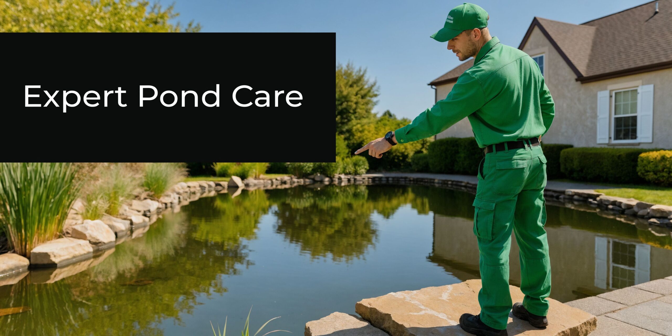 A professional maintenance worker in green uniform points towards a backyard pond for expert care services.