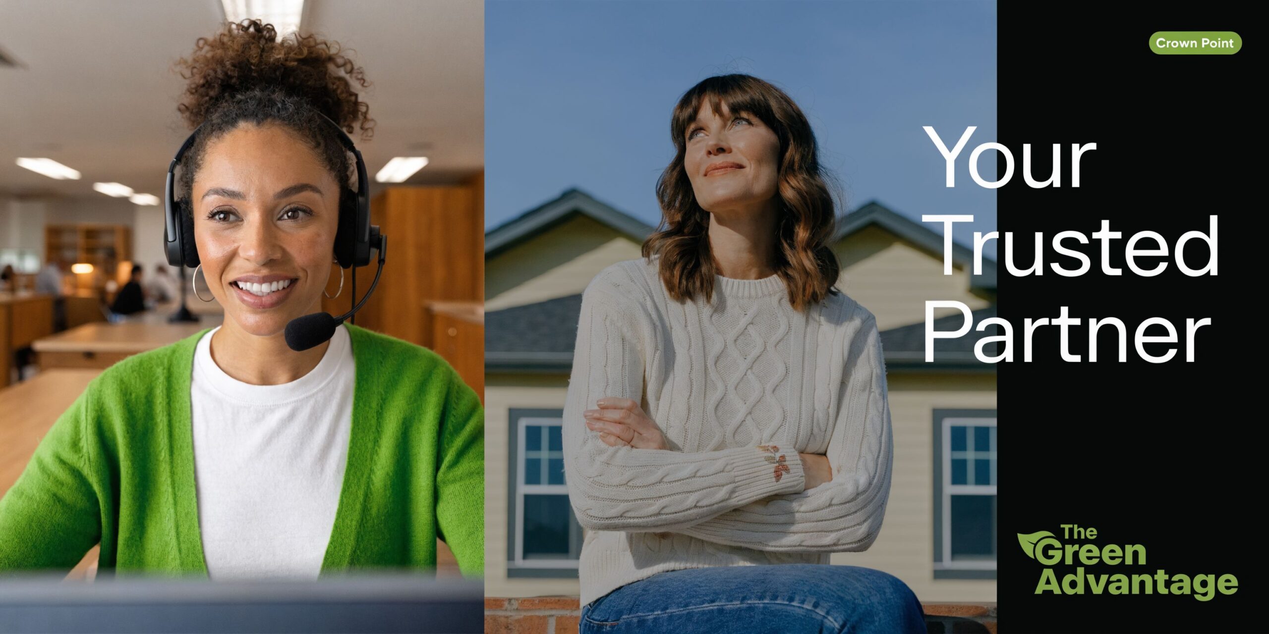 A professional customer service agent and a woman standing in front of a house representing partners.