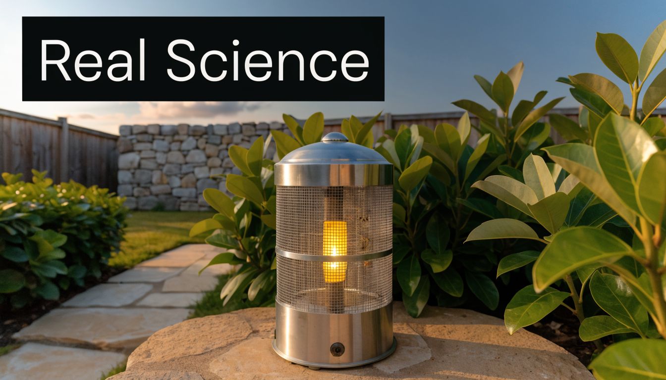 A stainless steel bug zapper sits on a stone surface in a garden during the day.
