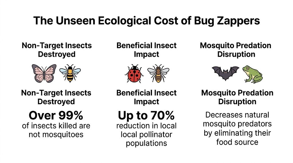 An infographic detailing the negative ecological impact of bug zappers on insects and local ecosystems.