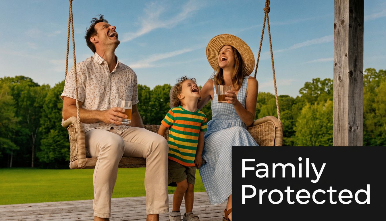 A happy family laughing together on a porch swing while enjoying beverages on a sunny day.