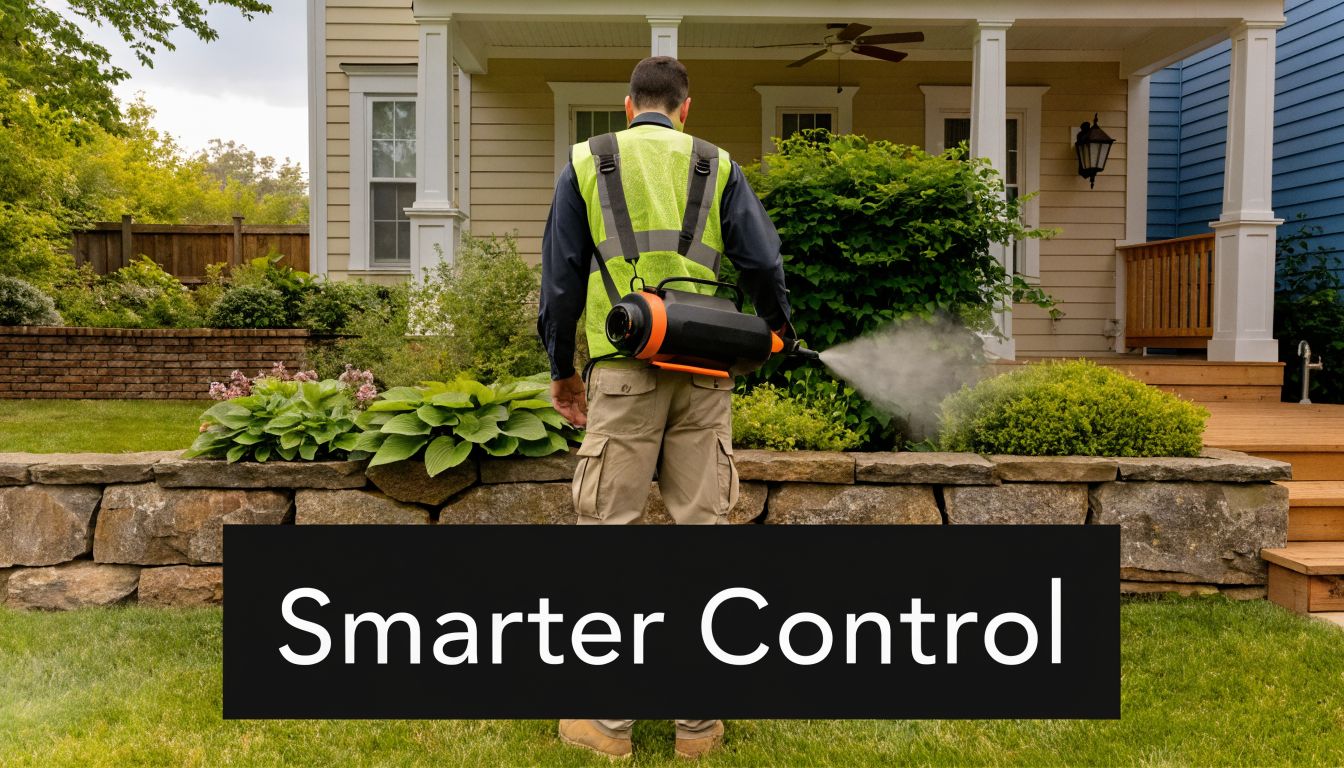 A professional pest control technician wearing a safety vest using a fogger to treat landscape plants.