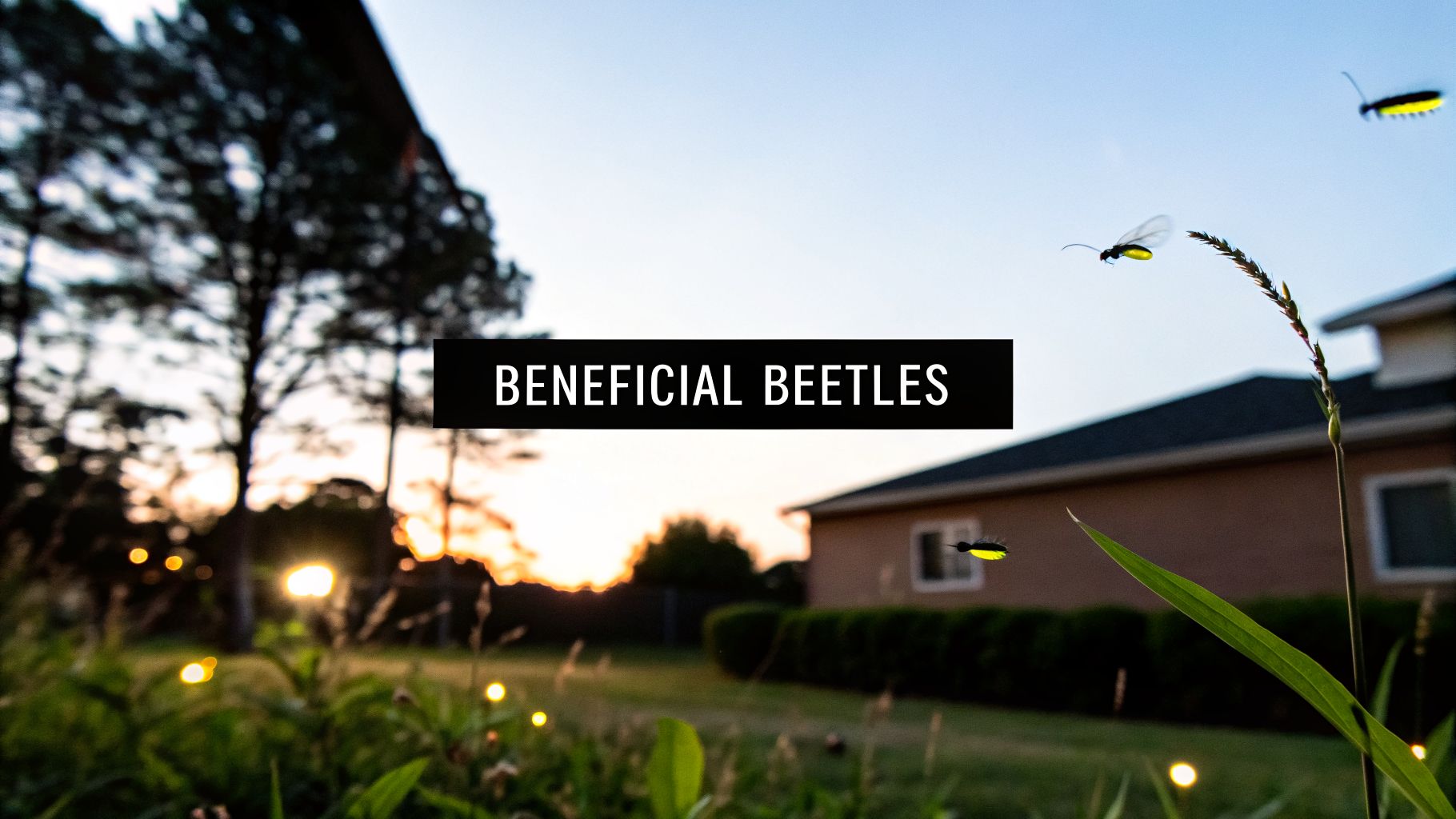 Magical fireflies illuminate a peaceful backyard garden at twilight, promoting beneficial beetles.