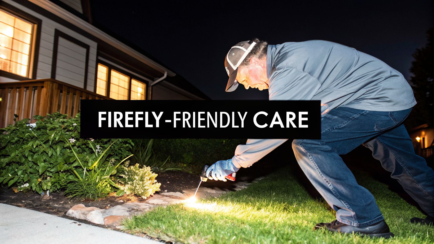 A man applies a product to a lawn at night, promoting firefly-friendly yard care.
