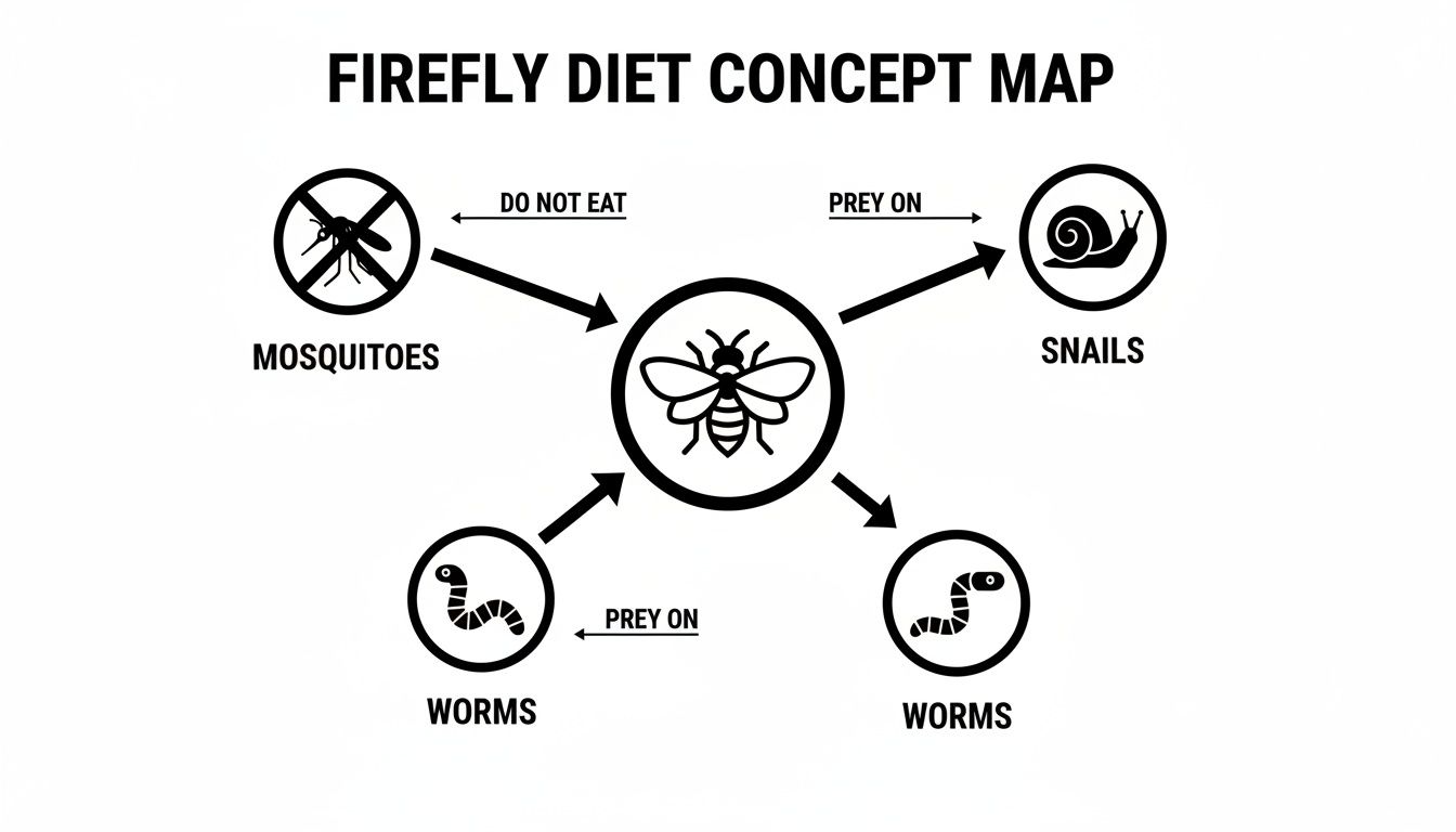 A firefly diet concept map illustrating that fireflies do not eat mosquitoes but prey on snails and worms.