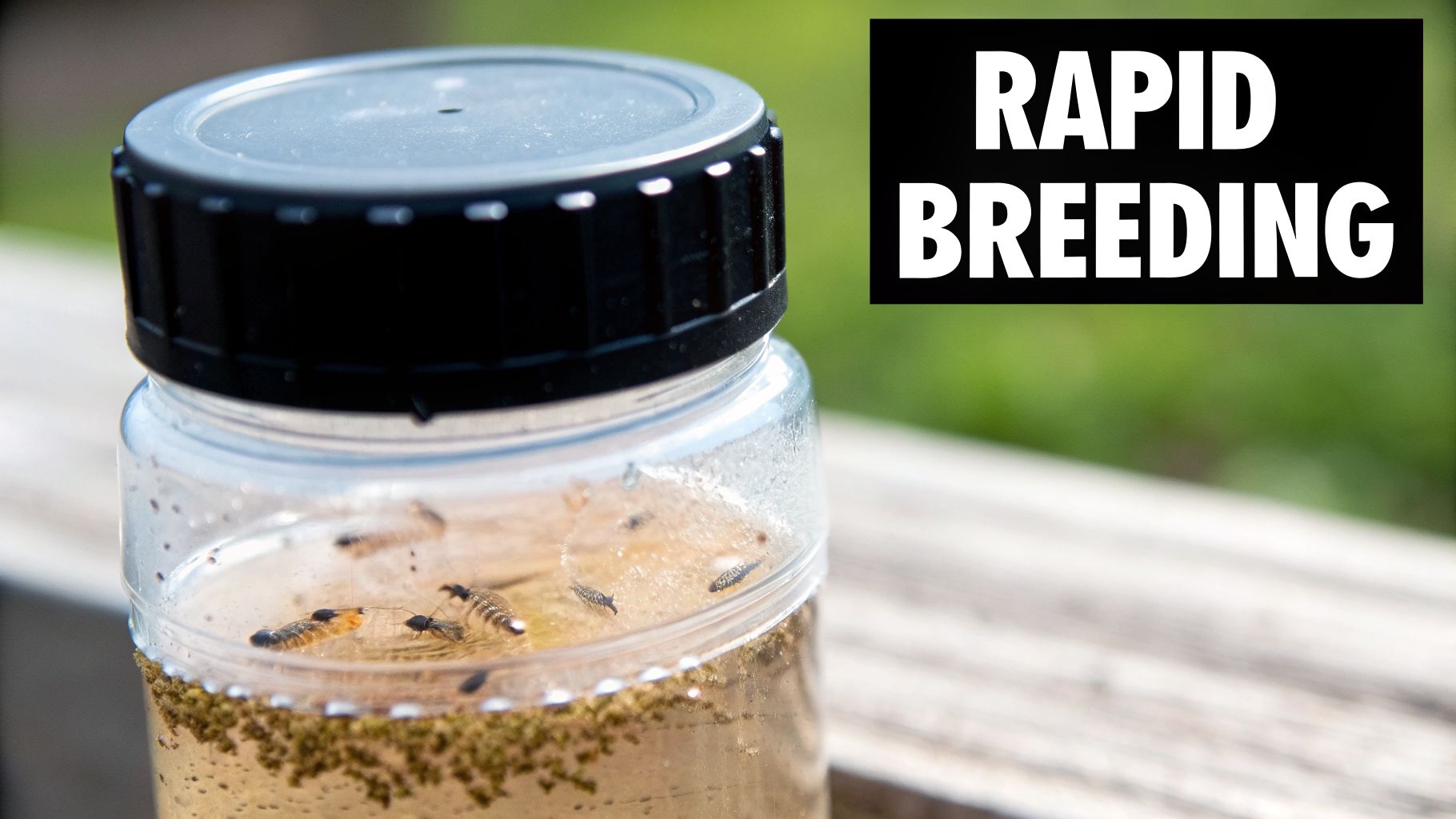 A clear jar filled with small insects and liquid, with a 'RAPID BREEDING' label.
