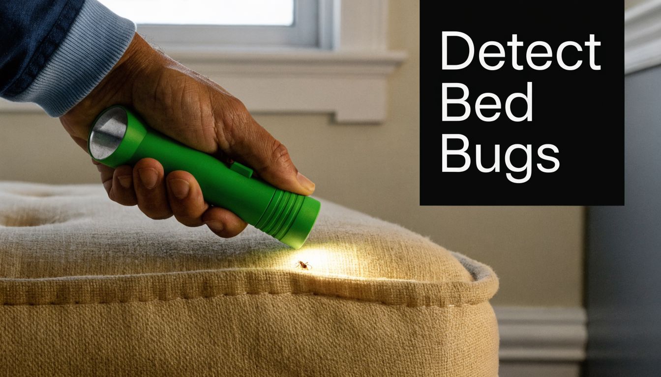 A person using a green flashlight to inspect a beige upholstered surface for bed bugs.