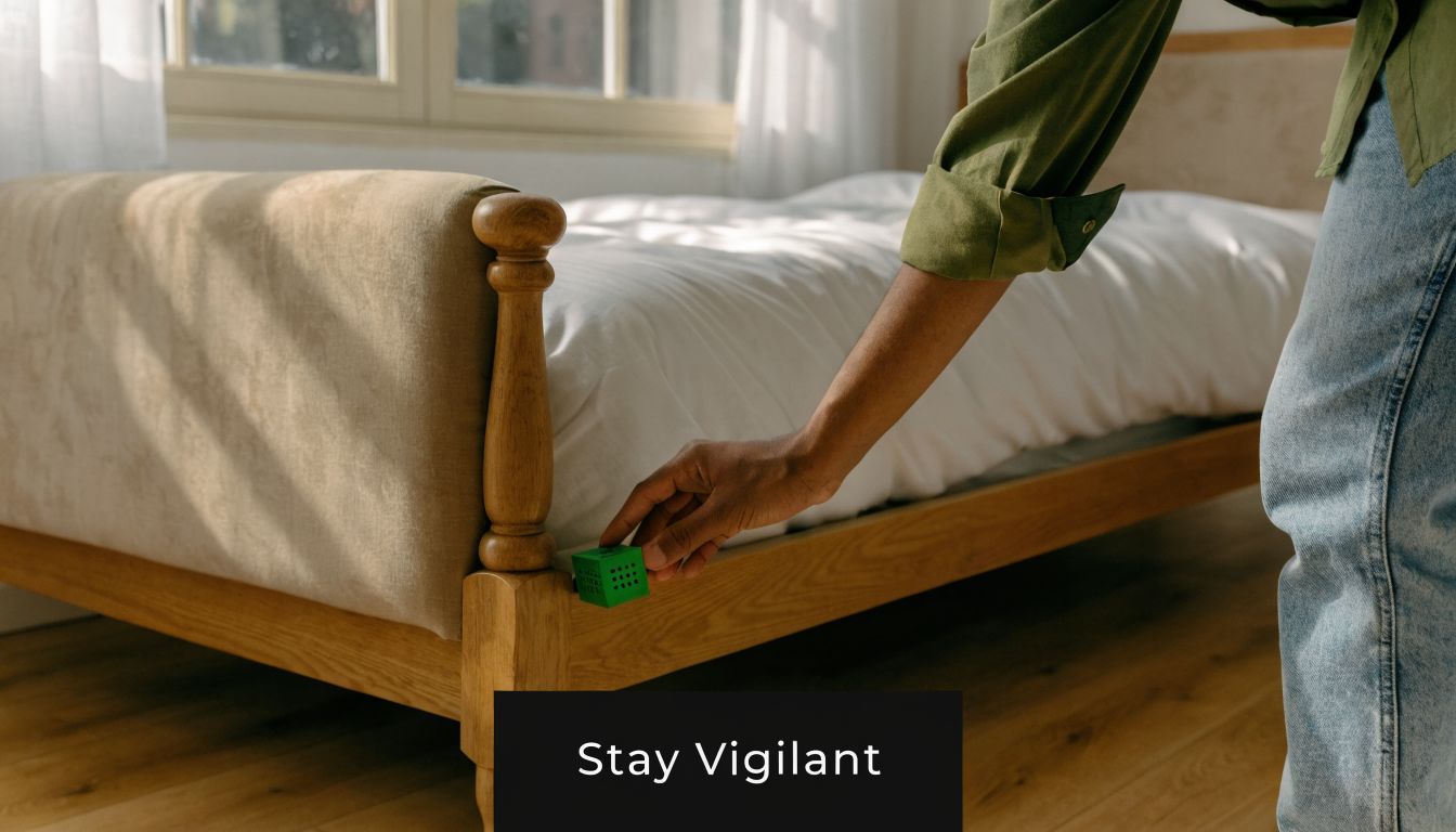 A person placing a small green bed bug monitoring trap on the wooden frame of a bed.