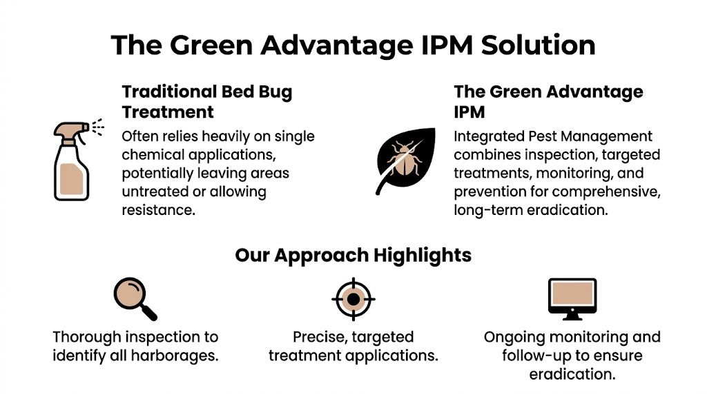 An infographic comparing traditional bed bug treatments with a comprehensive, eco-friendly Integrated Pest Management approach for effective eradication.
