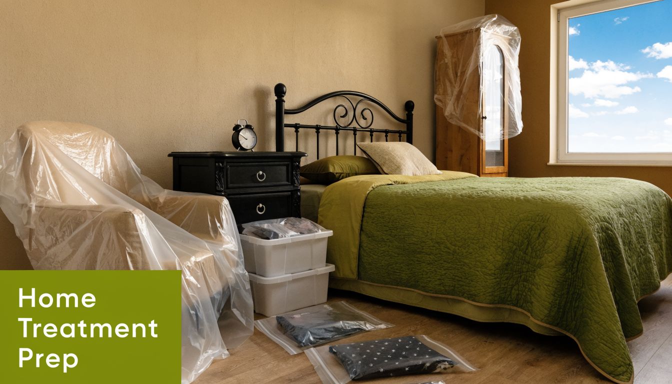A bedroom prepared for bed bug treatment with furniture covered in plastic and items packed in containers.