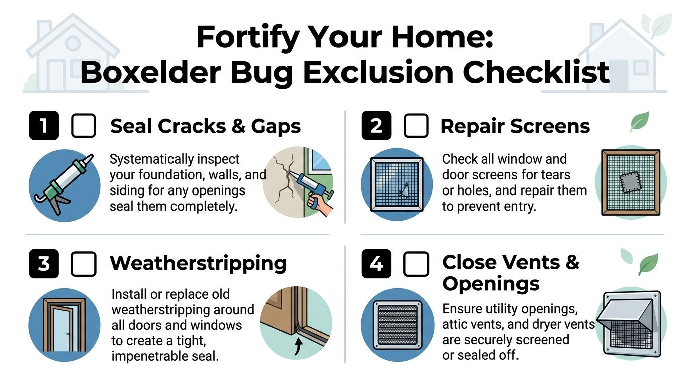 A four-step checklist illustration for fortifying a home against boxelder bugs using seals and repairs.