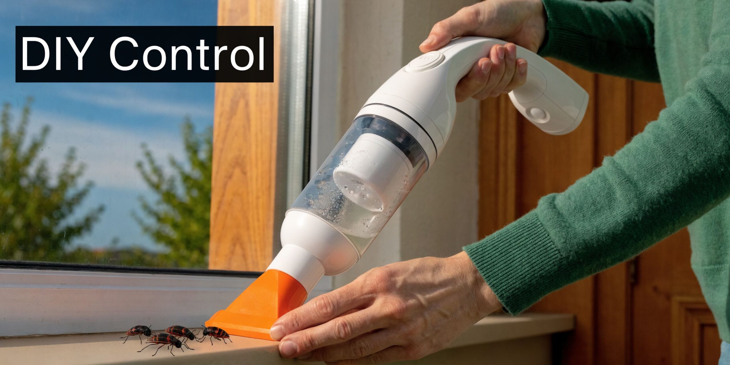 A person uses a handheld vacuum to remove boxelder bugs from a window sill for pest control.