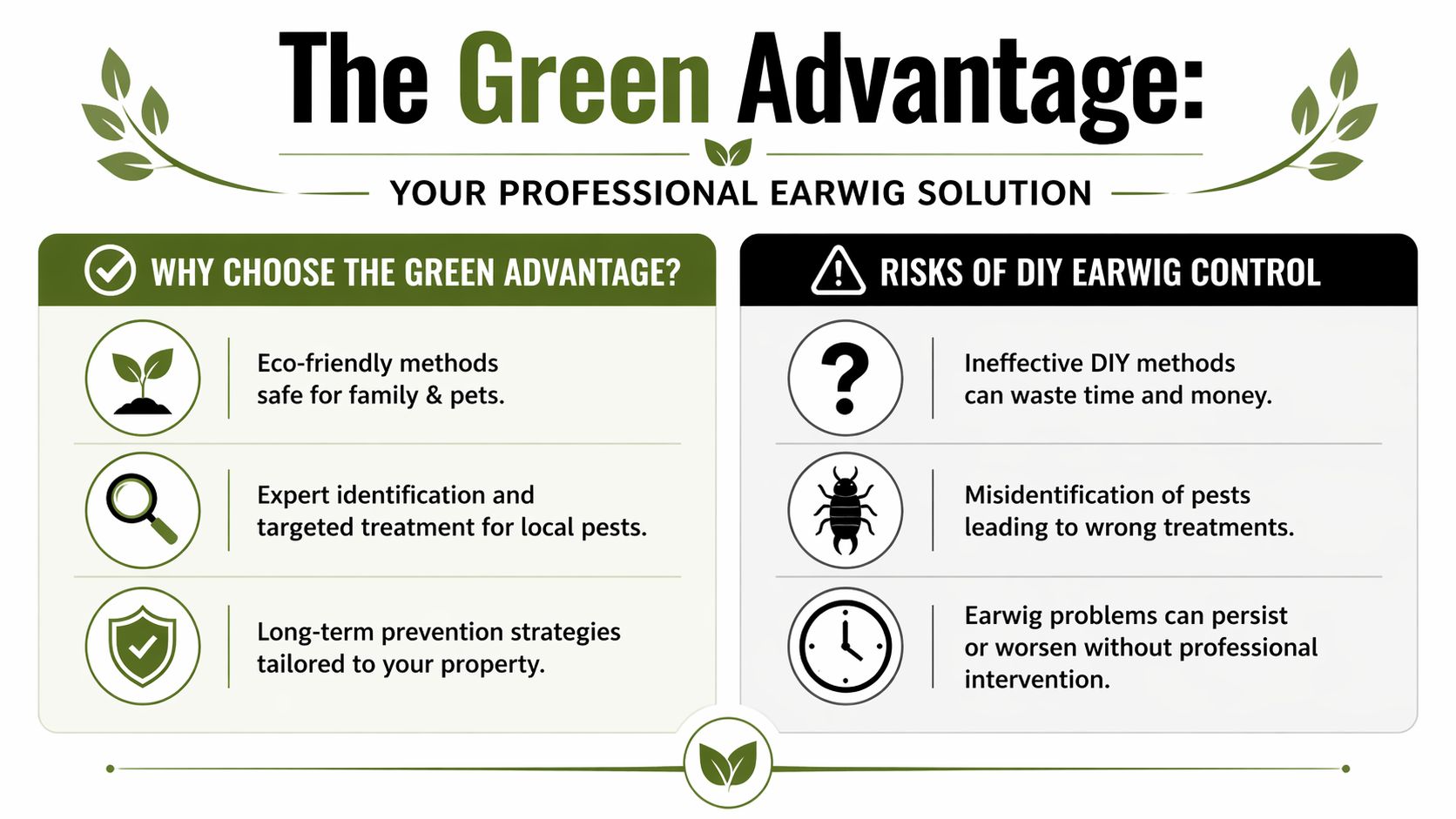 An infographic comparing the benefits of professional earwig control services against the risks of DIY methods.