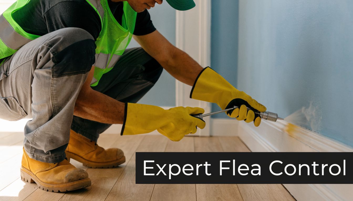 A professional pest control technician wearing safety gear spraying insecticide along the baseboards for flea control.