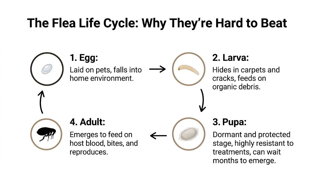A diagram illustrating the four stages of the flea life cycle including eggs, larvae, pupae, and adults.