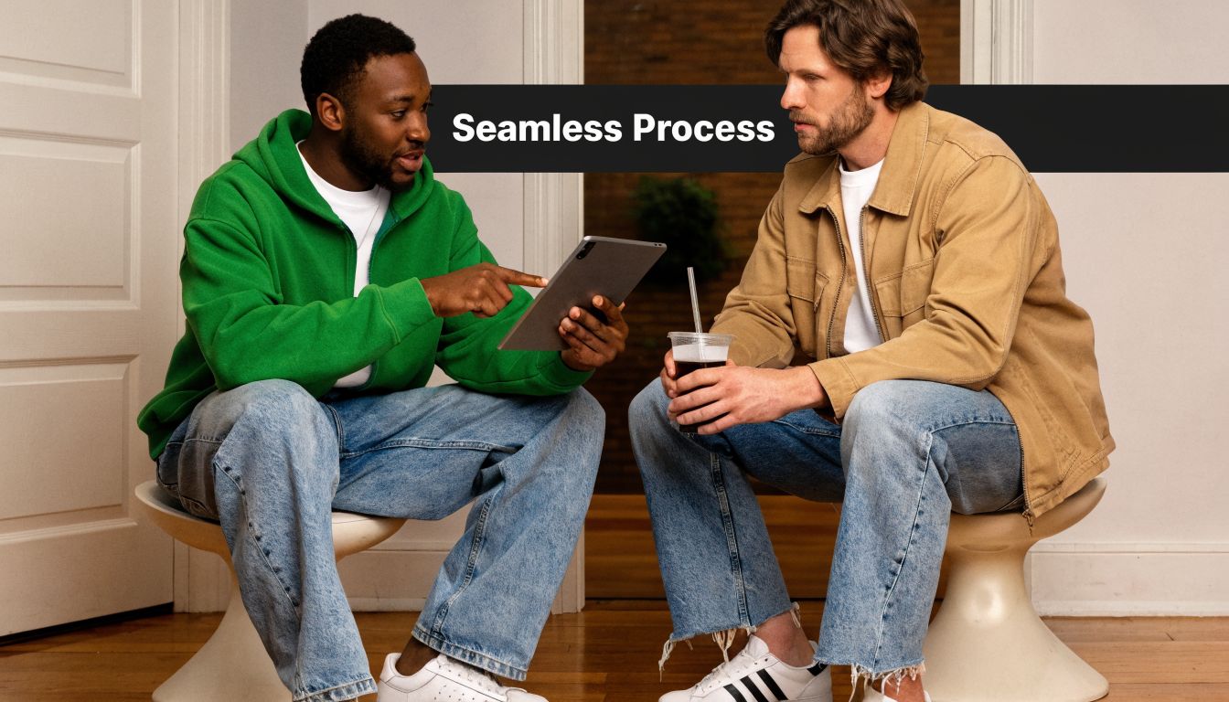 Two men collaborating while sitting on stools and looking at a digital tablet together in an office.