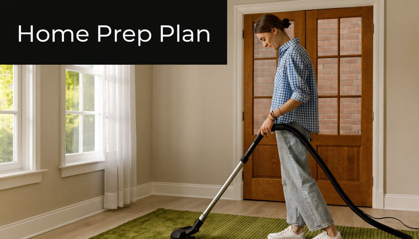 A young woman in a checkered shirt vacuums a green rug in a bright, clean living room.