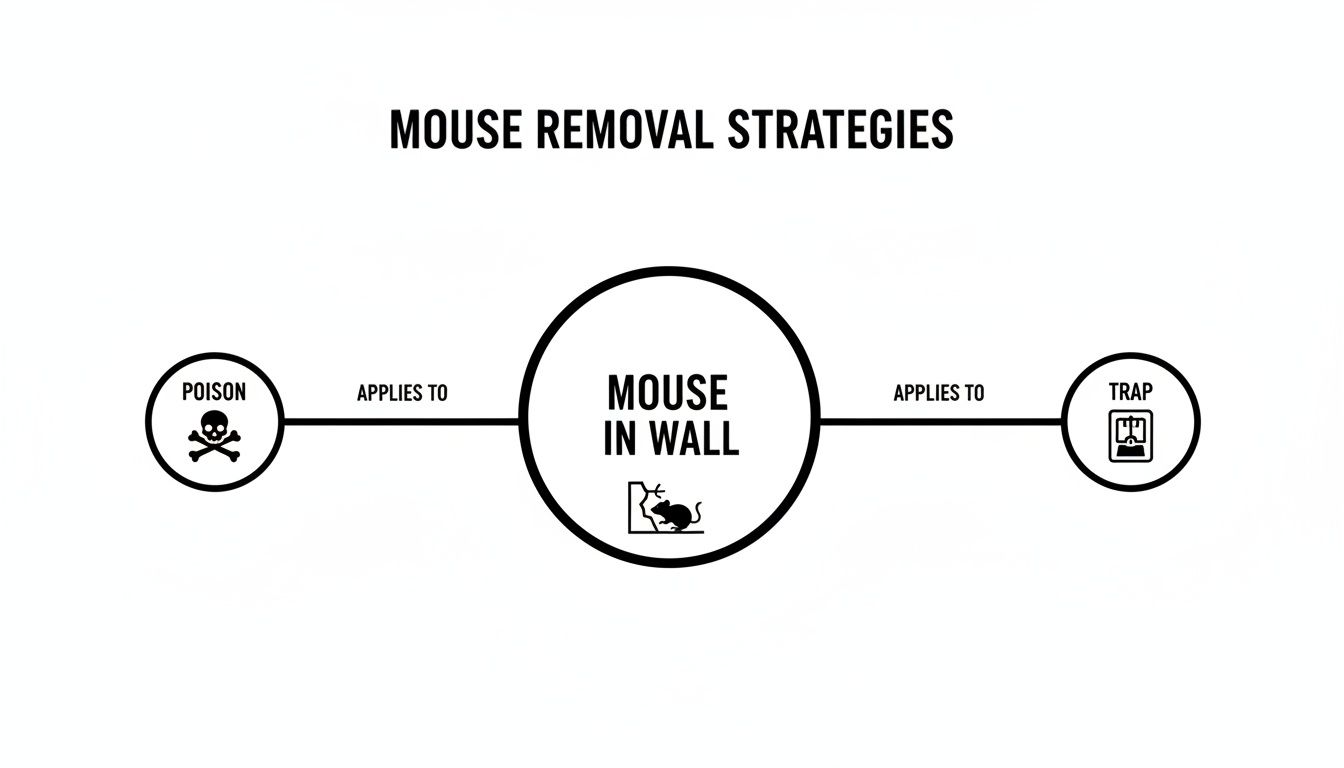 A diagram illustrating mouse removal strategies, showing poison and traps as methods for a mouse in the wall.