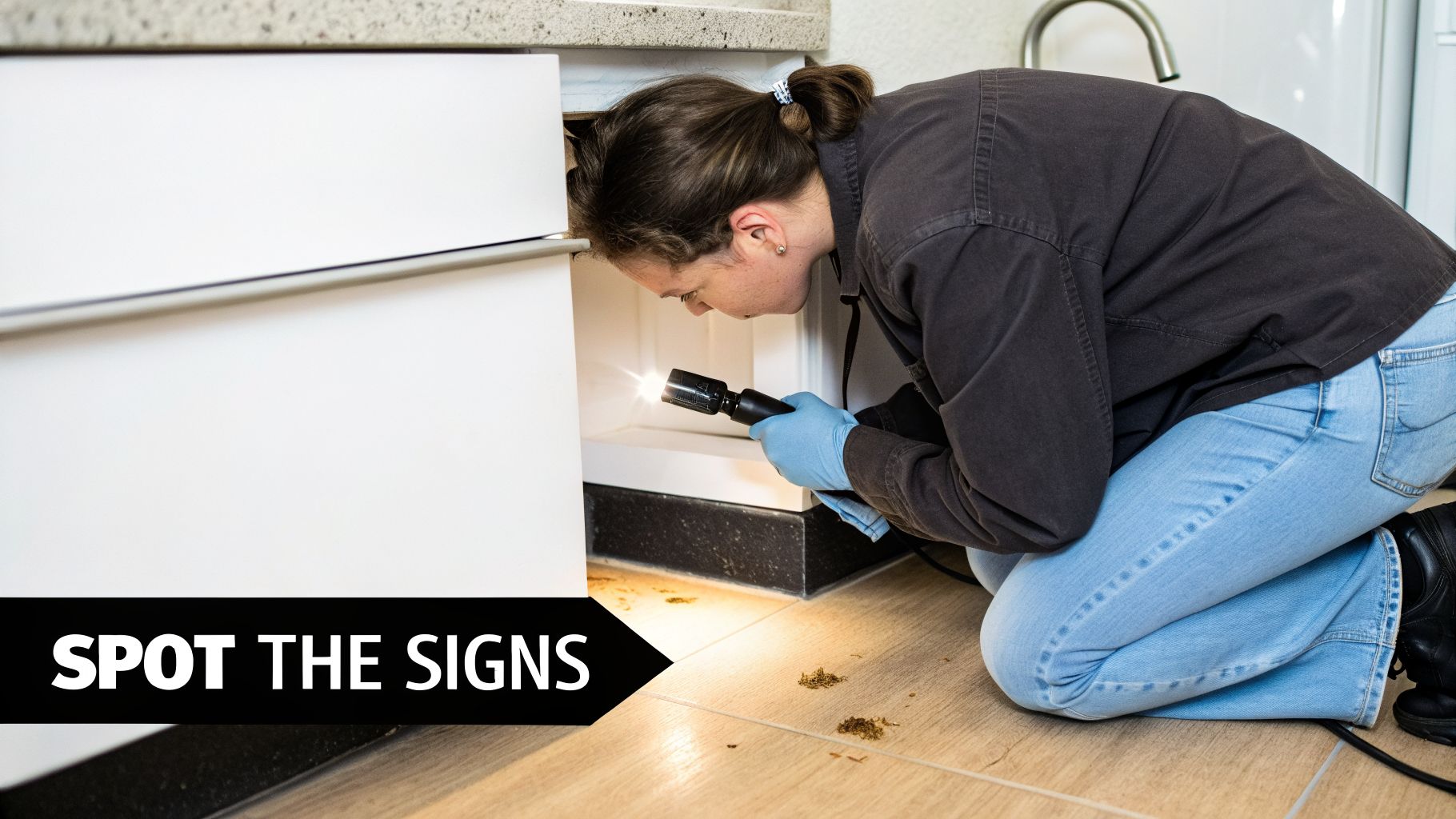 A pest control technician kneels, using a flashlight to inspect under kitchen cabinets, revealing pest droppings on the floor.