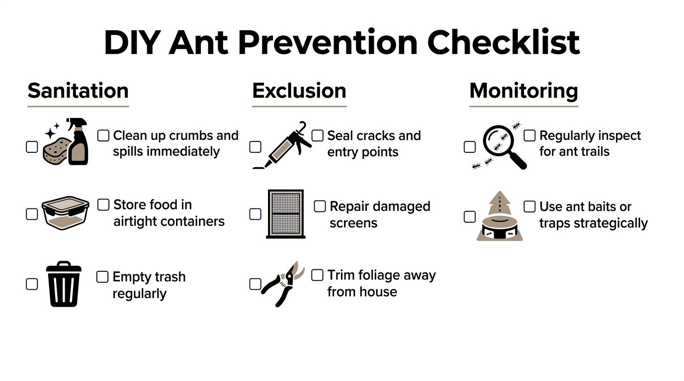 A DIY ant prevention checklist categorized into sanitation, exclusion, and monitoring with various household task icons.