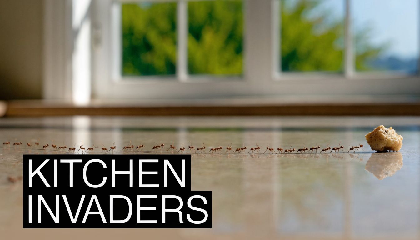 A line of ants marching in a kitchen, carrying a large piece of bread across the floor.