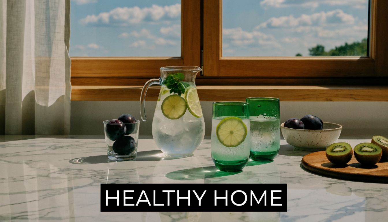 A refreshing pitcher of lime water and fresh fruits on a marble countertop in a bright kitchen.