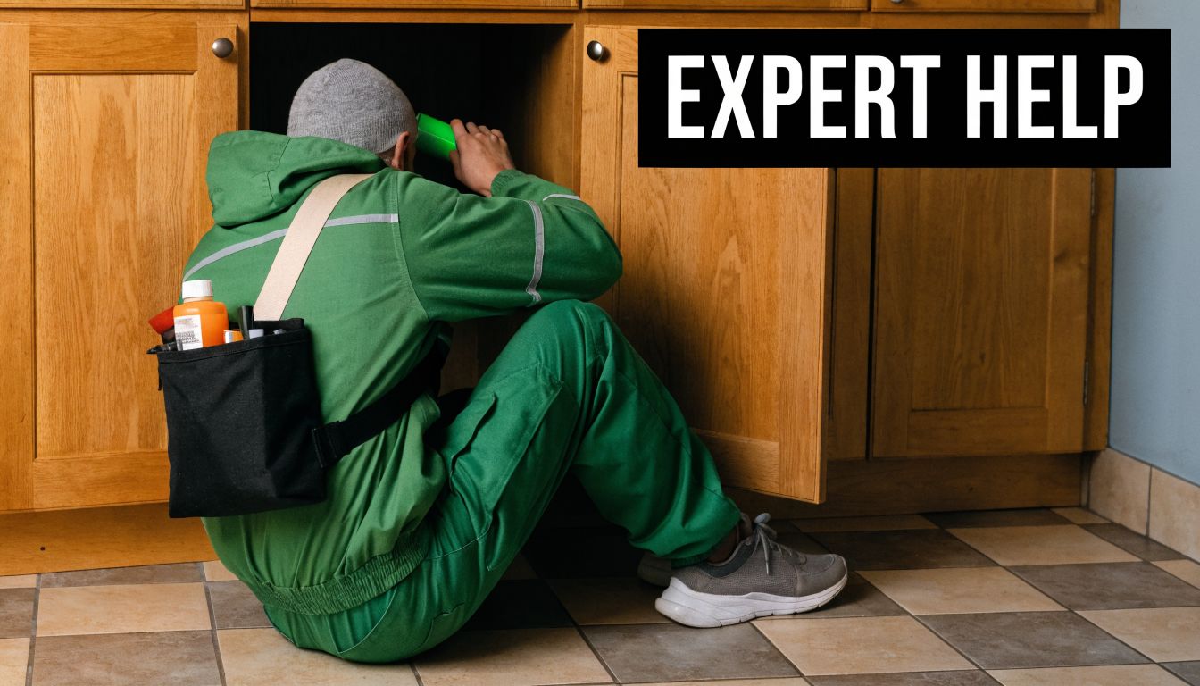 A professional repairman in green coveralls checking a kitchen cabinet for a pest control infestation problem.