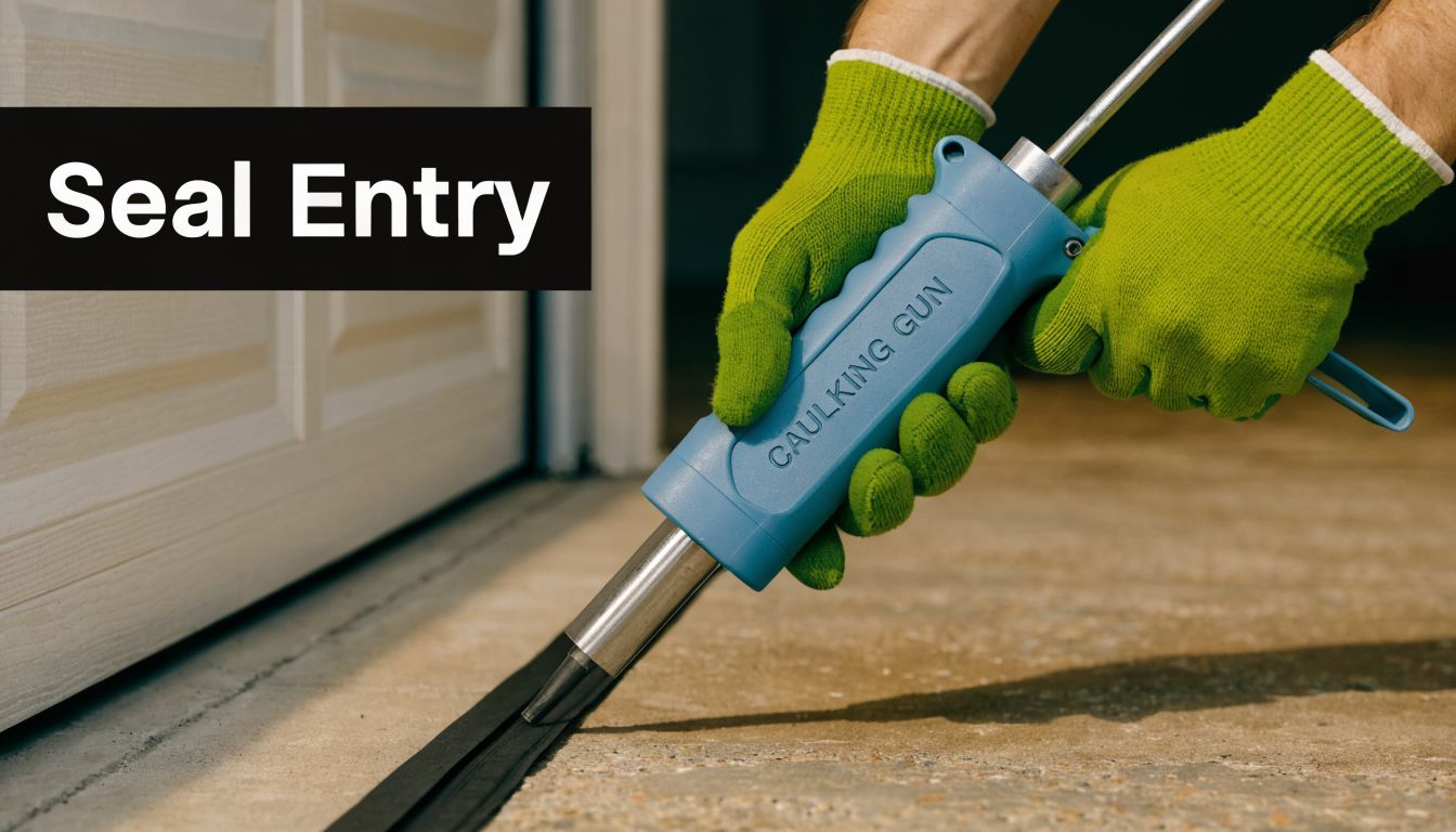 A person wearing protective gloves uses a blue caulking gun to seal the gap under a garage door.