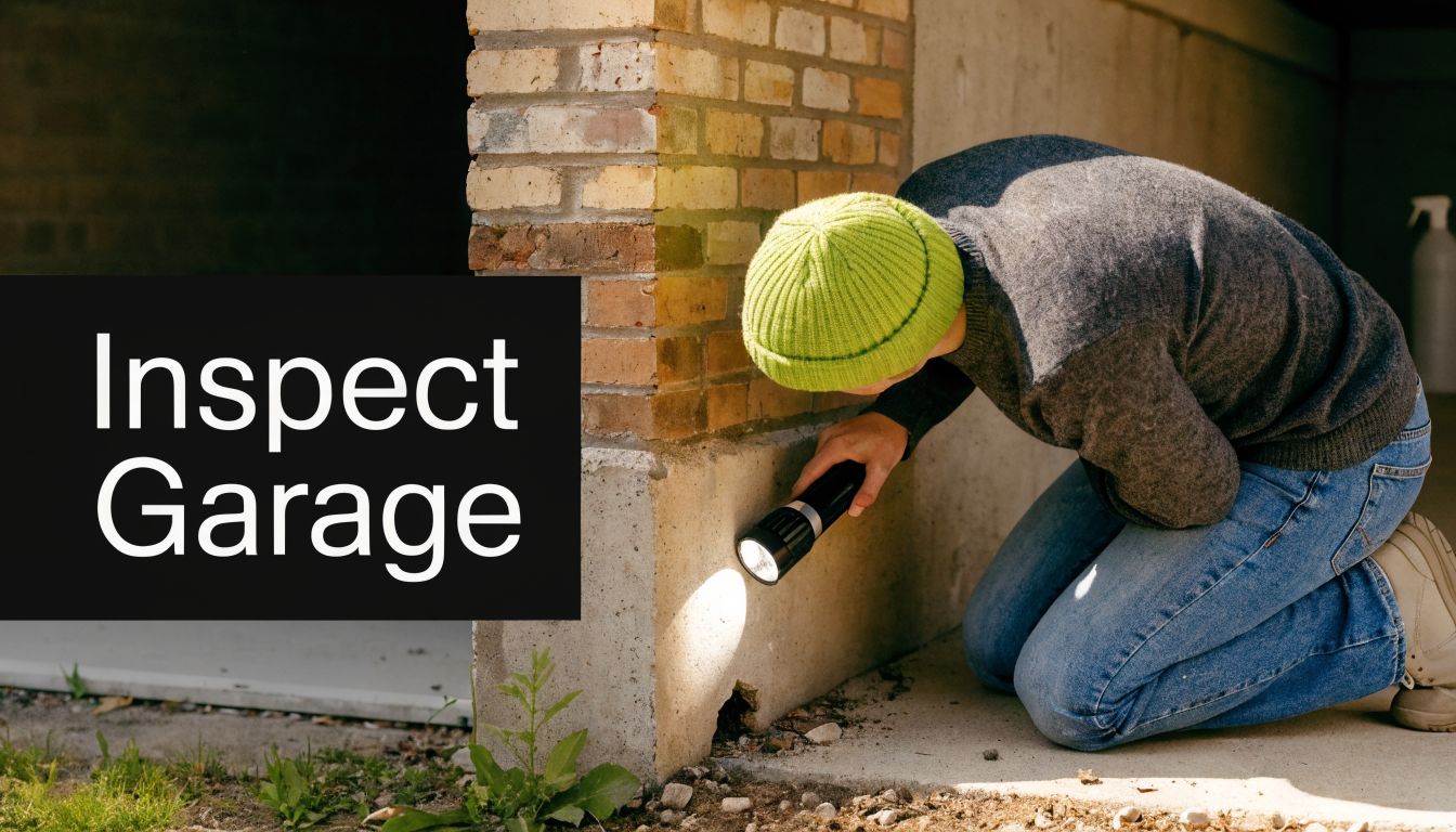 A person in a lime green beanie kneeling to inspect a garage foundation wall with a flashlight.
