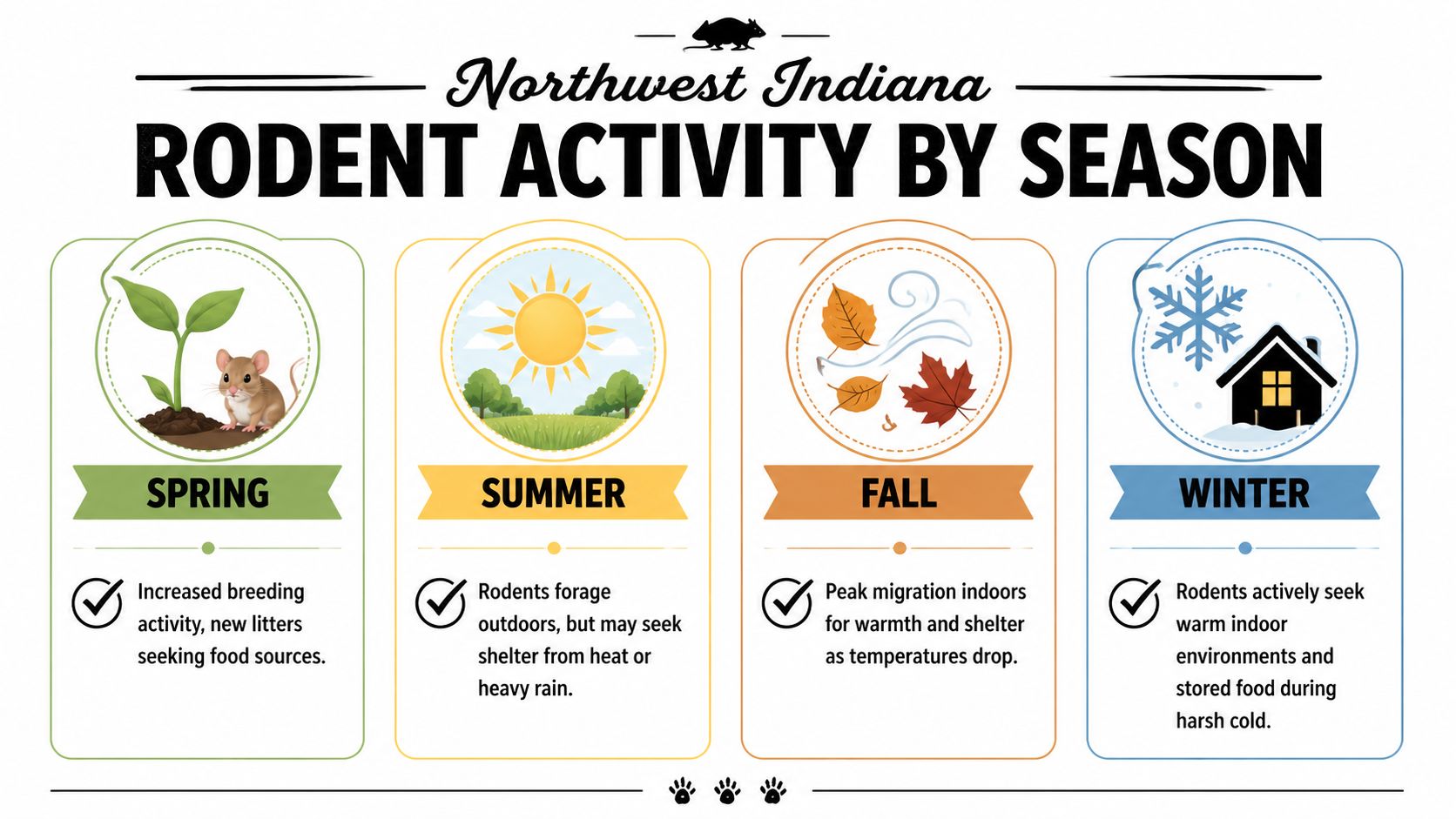 An infographic detailing seasonal rodent behavior trends and activity patterns for Northwest Indiana homeowners.