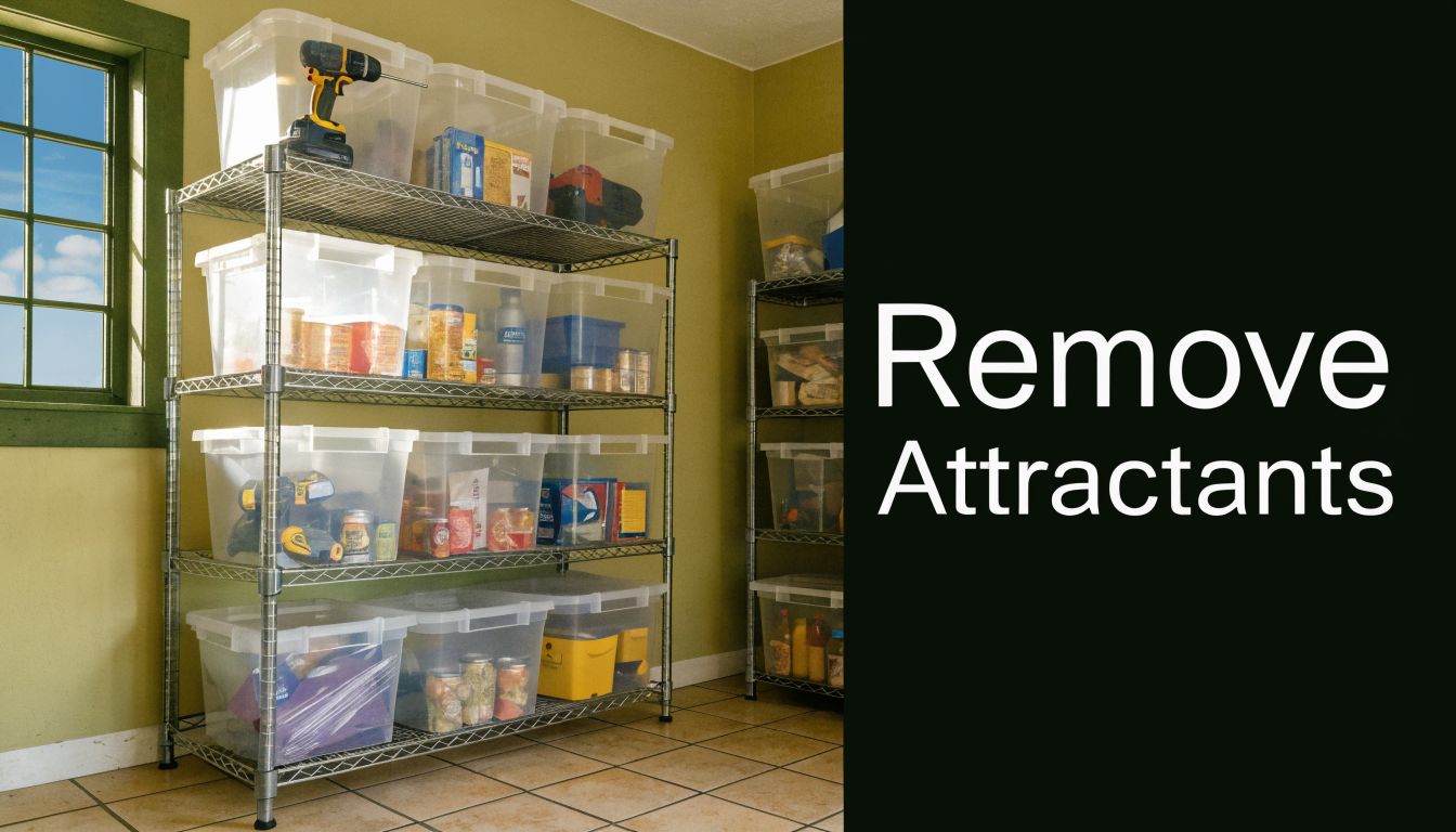 Wire shelving units in a garage with clear plastic storage bins containing organized household supplies and tools.