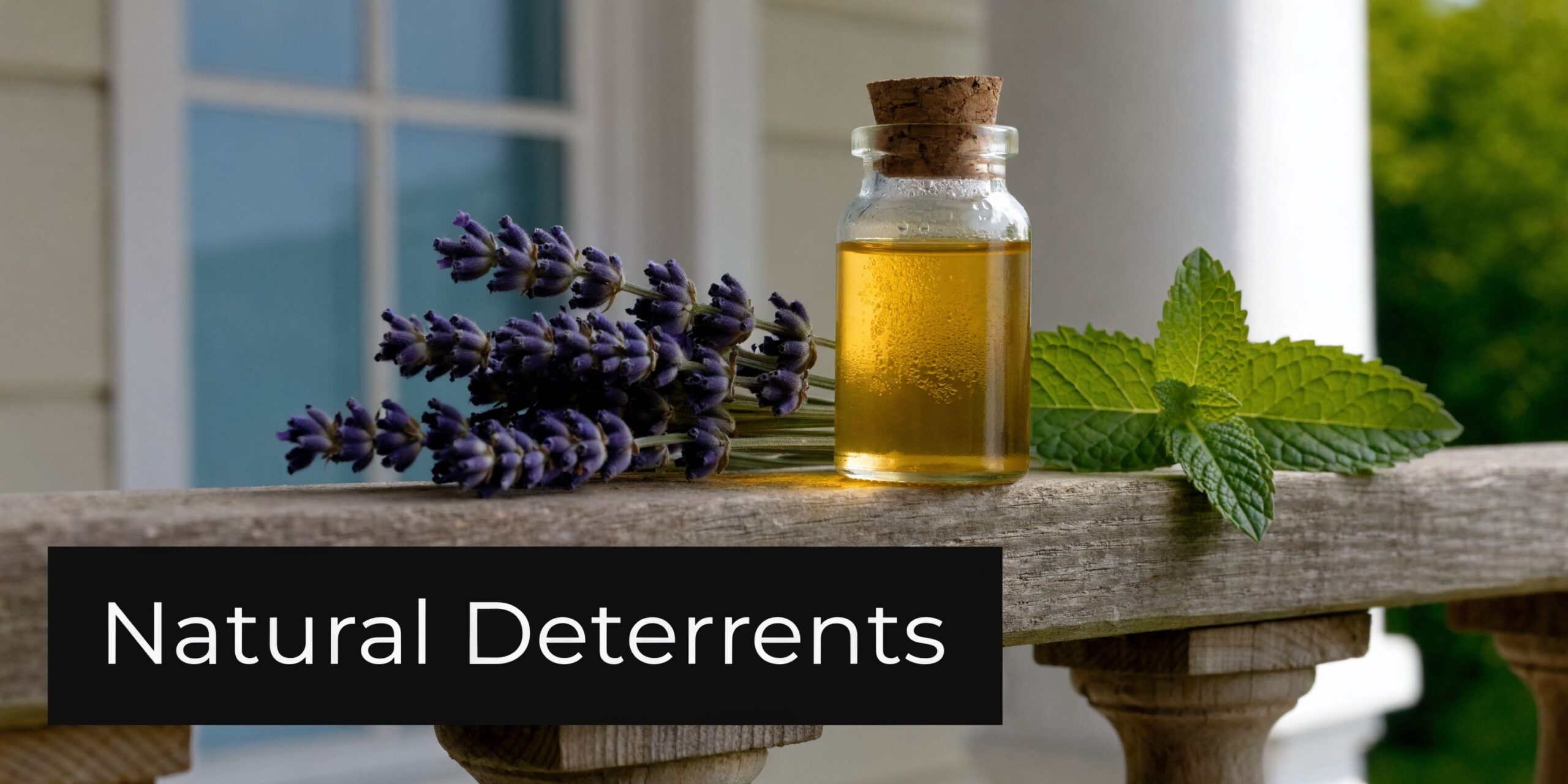 A glass vial of essential oil rests on a wooden porch railing with lavender and mint leaves.