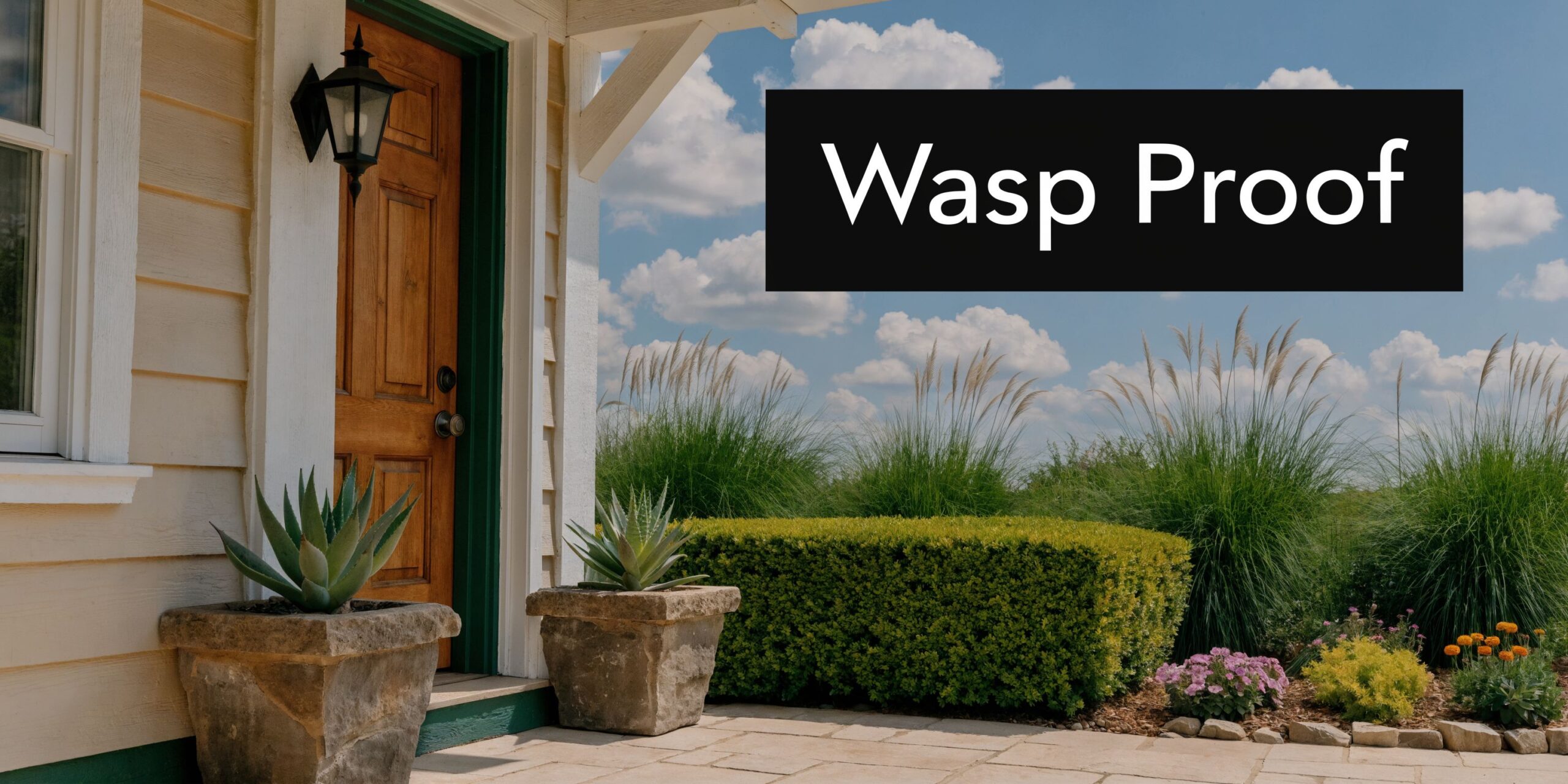 A welcoming front porch with a wooden door, decorative plants, and lush landscaping on a sunny day.