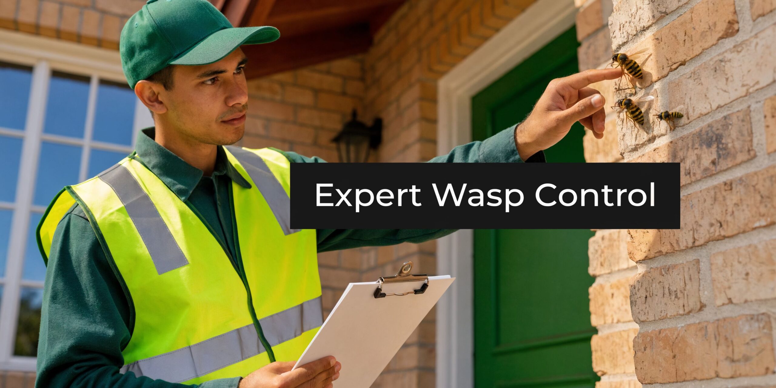 A professional pest control technician in uniform examining a wasp infestation on a brick house wall.