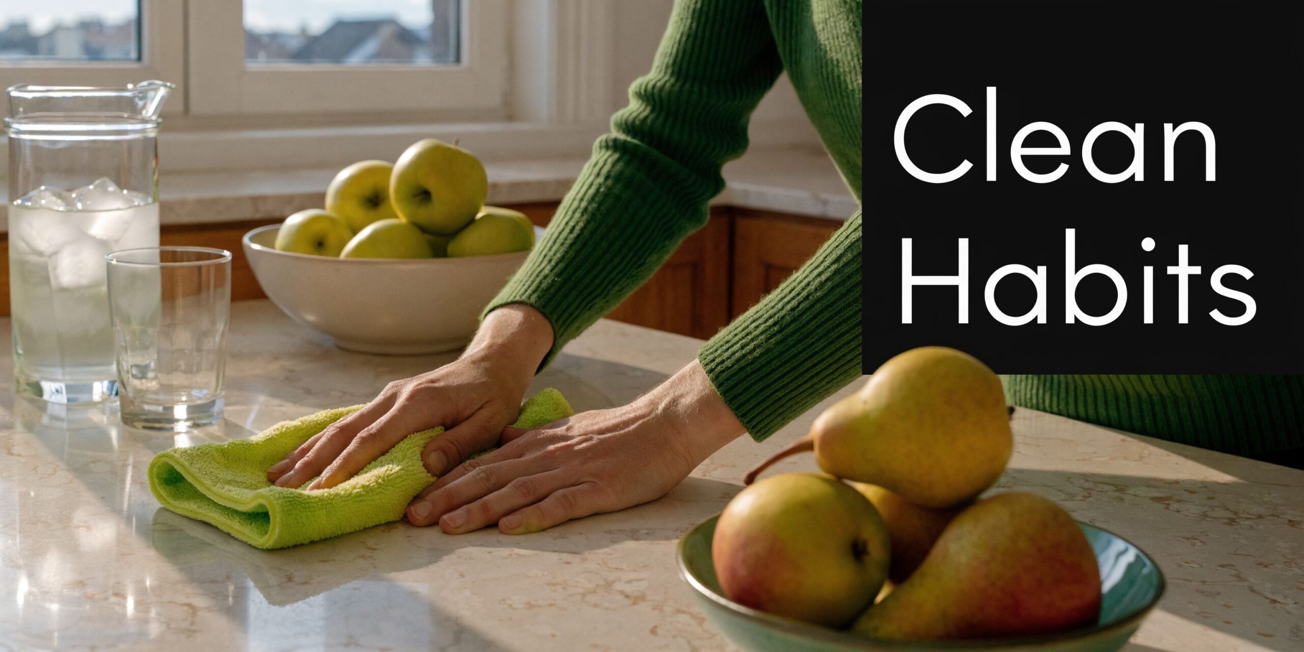 A person cleaning a kitchen counter with a lime green microfiber cloth near a bowl of fruit.