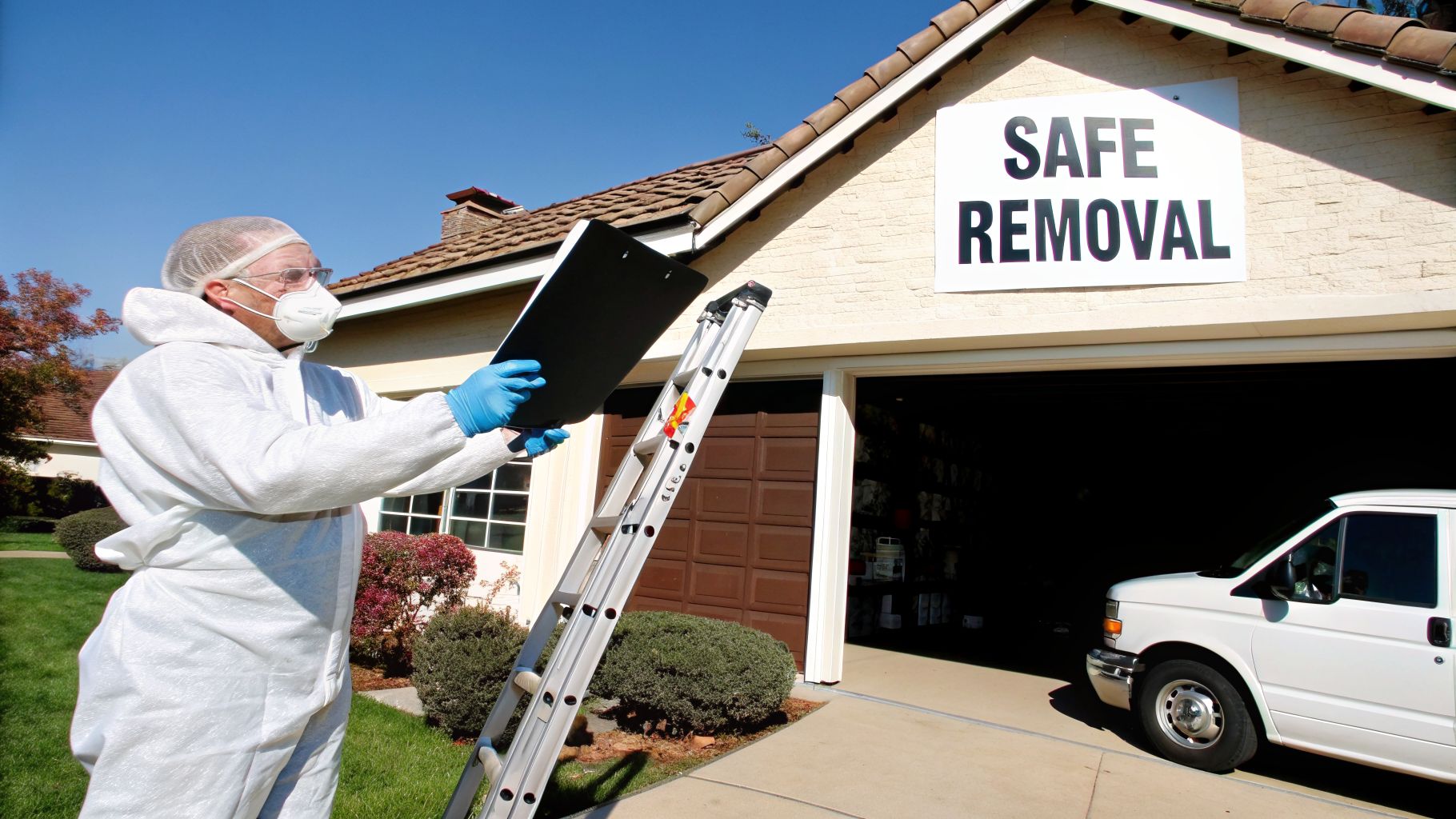 Person in protective suit, mask, and gloves inspects a clipboard near a ladder and "SAFE REMOVAL" sign.