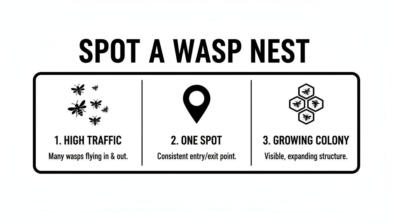 Infographic illustrating three signs to identify a wasp nest: high traffic, a single entry, and a visible growing colony.