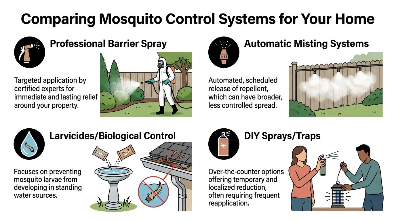 A comparison infographic detailing four common home mosquito control systems including professional sprays and DIY traps.