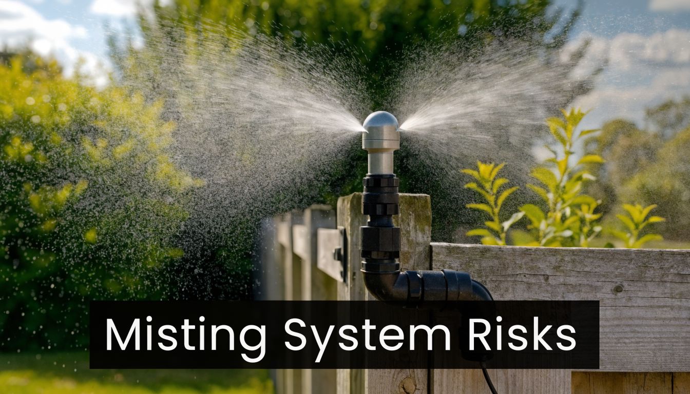 A misting system nozzle spraying water onto a wooden fence, representing common mosquito control system risks.