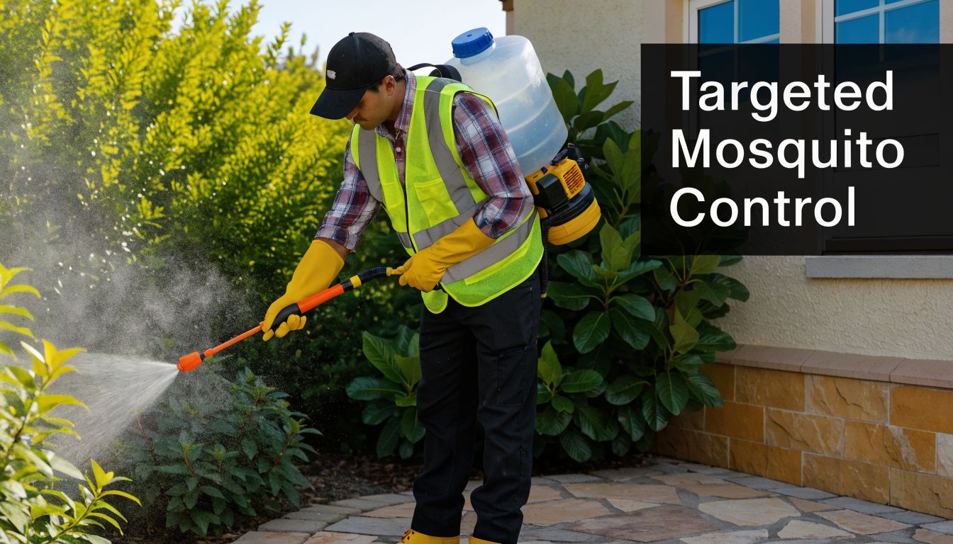 A professional pest control technician spraying foliage with a backpack fogger for targeted mosquito control services.