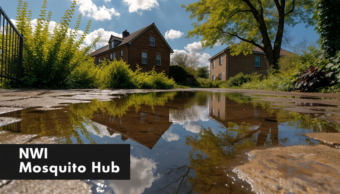 A large puddle on a concrete driveway reflecting two brick houses on a sunny day.