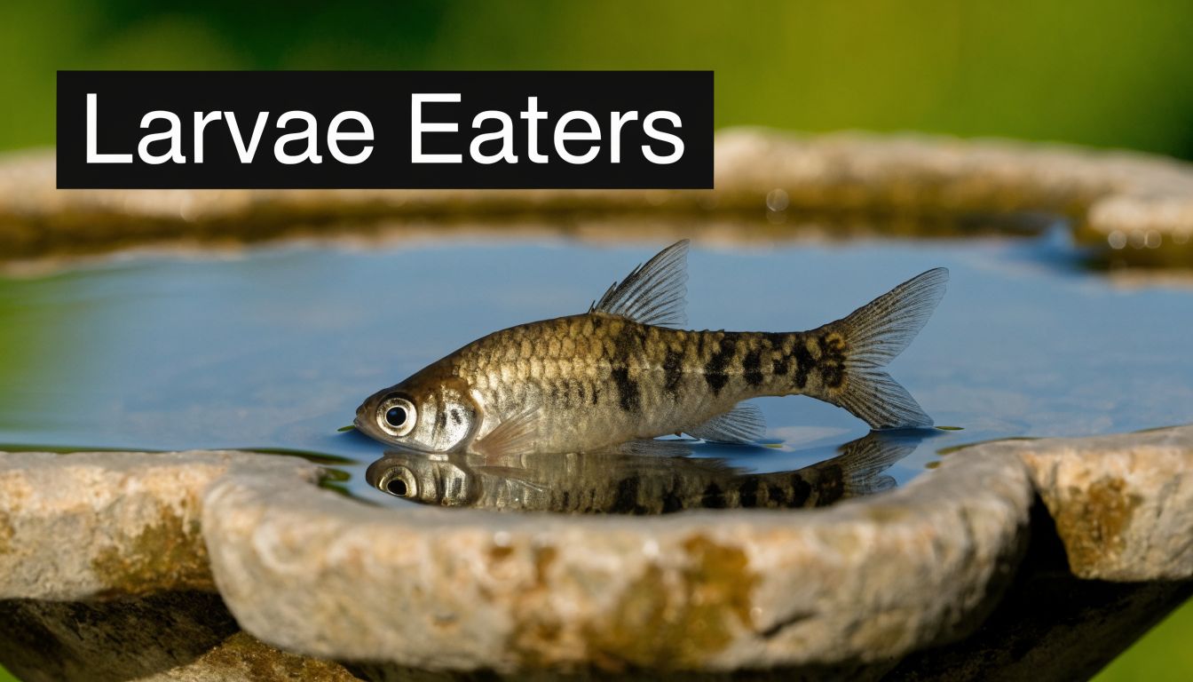 A small fish resting in a birdbath with a text overlay saying Larvae Eaters.