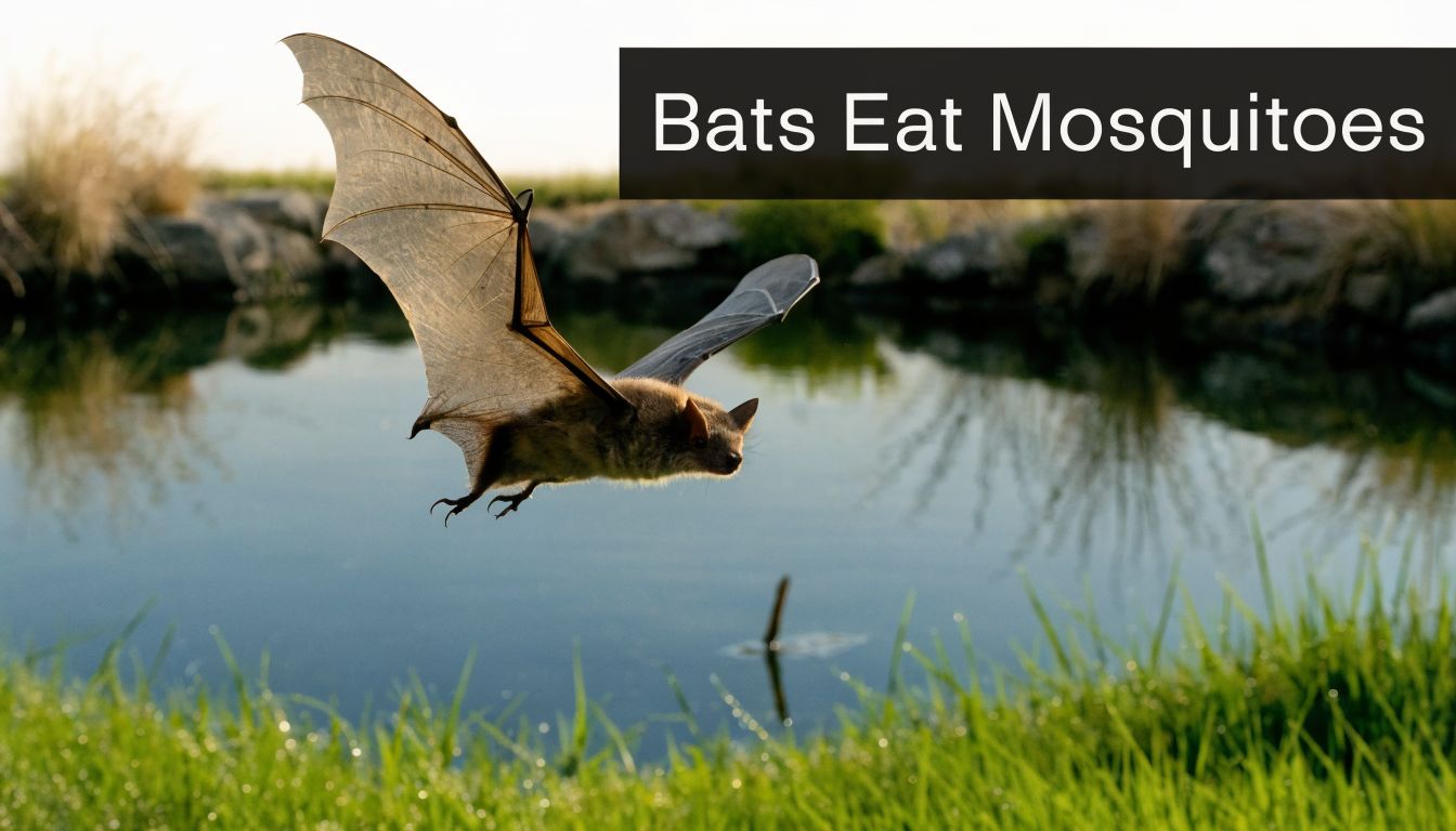 A bat flies gracefully over a calm pond during the golden hour in a natural setting.