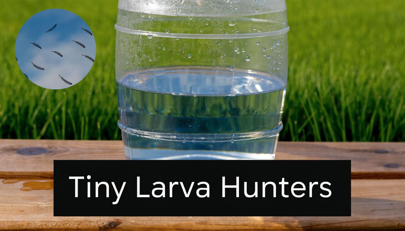 A clear plastic cup filled with water sits on a wooden surface with tiny mosquito larvae visible inside.
