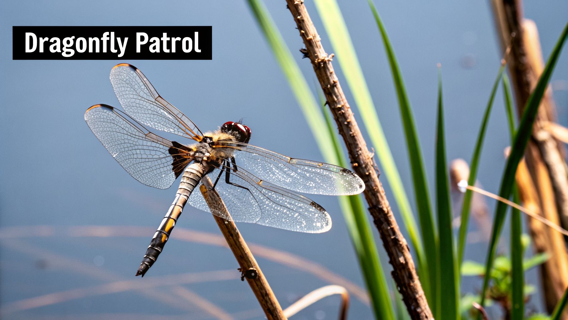 A close-up of a dragonfly with transparent, veined wings and prominent red eyes perched on a slender reed near water.