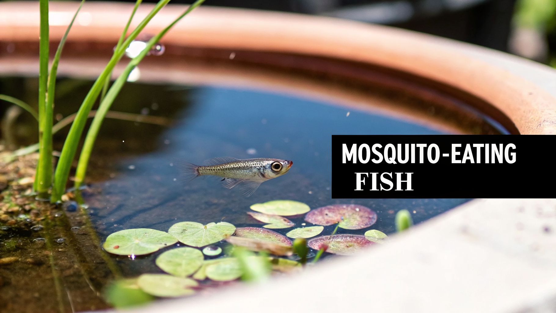 A small mosquito-eating fish swims in a water-filled pottery pond with green aquatic plants.
