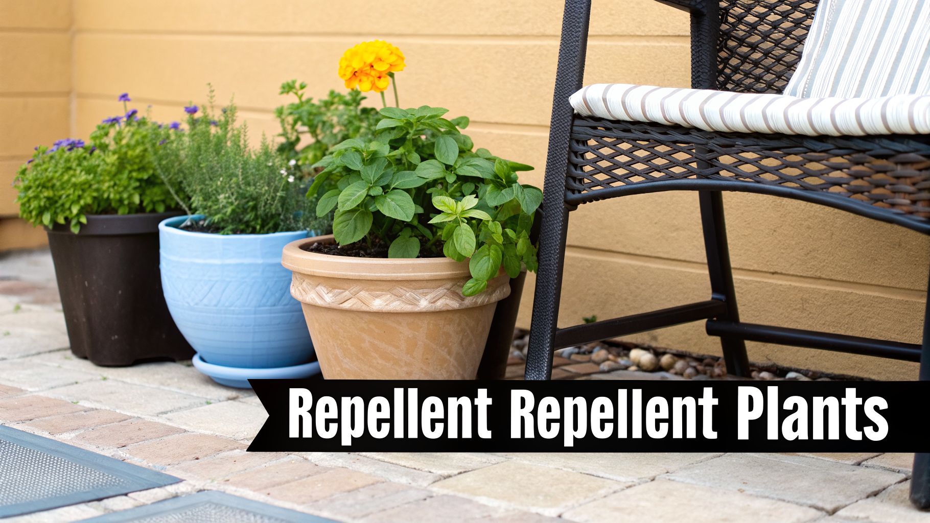 Potted insect repellent plants, including a yellow flower and herbs, arranged on a patio.