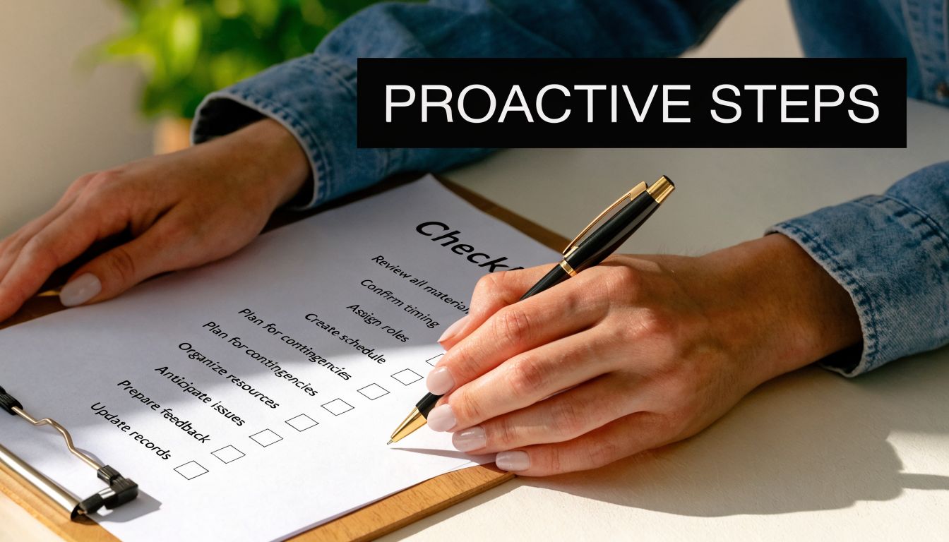 A person writing on a checklist titled proactive steps while holding a pen on a clipboard.