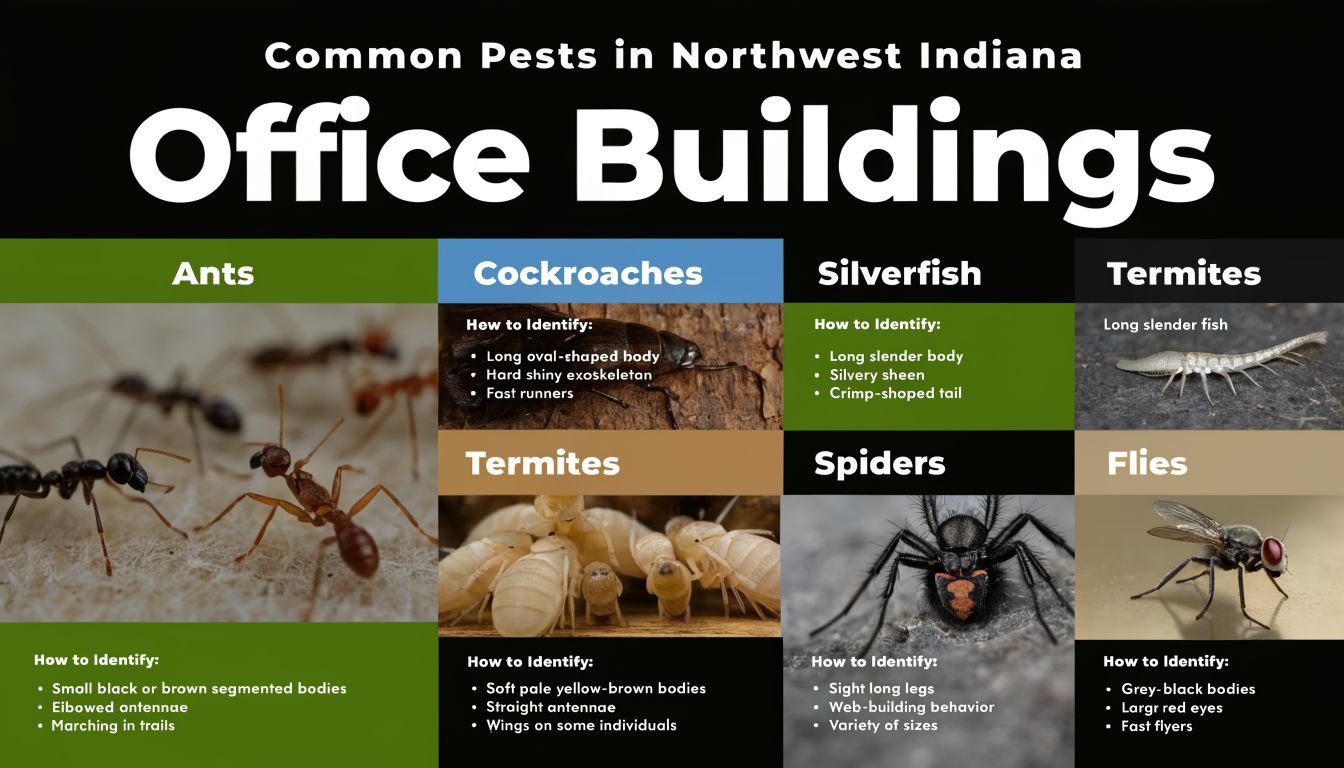 A visual guide identifying common pests found in office buildings in Northwest Indiana, including ants, cockroaches, and termites.